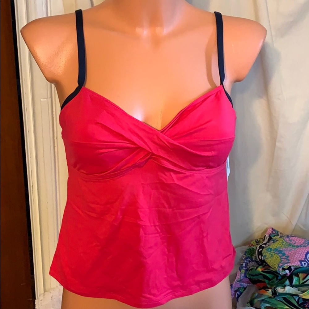 NWT Nautica Guava pink navy pads tankini top 10 /L
